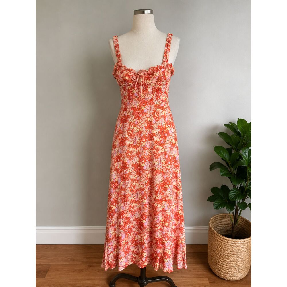 ASTR The Label Orange Floral Milkmaid Ruched Midi Dress Size M